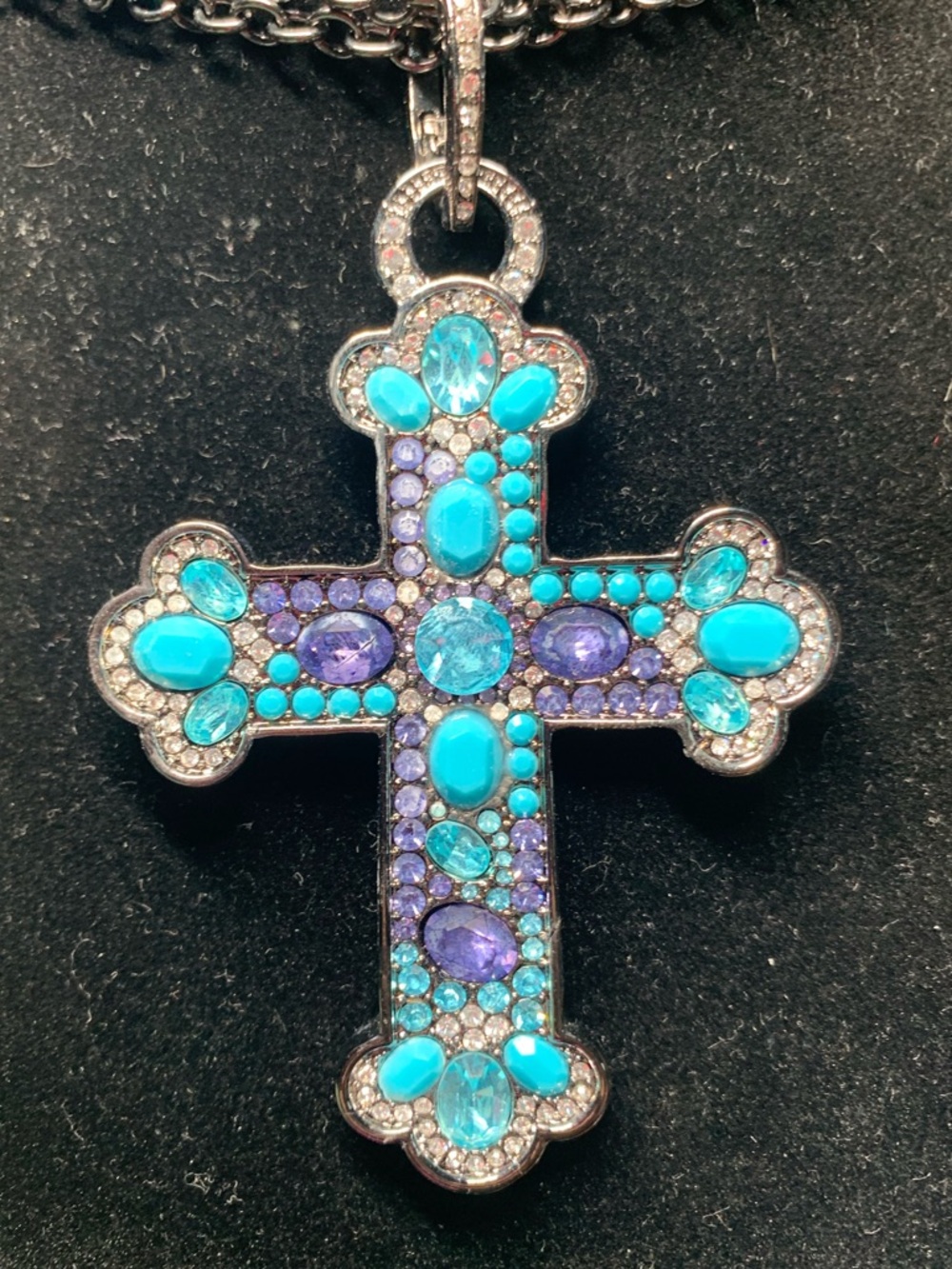 Turquoise & Purple Crystal Cross Pendant Necklace - Women Jewelry